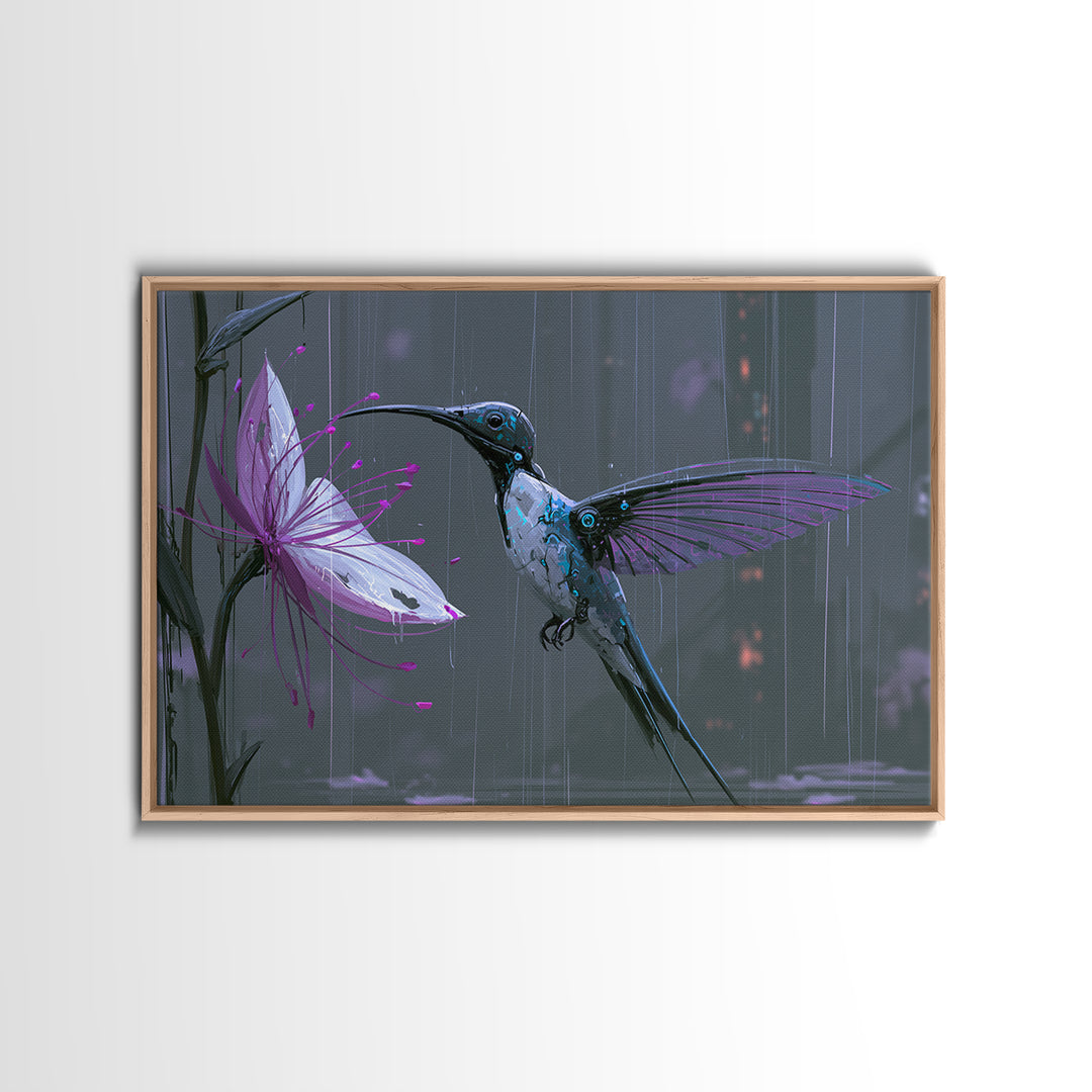 Mechanical Hummingbird Hovering Near Flower Framed Canvas Print, Steampunk Art, Statement Artwork, Living Room Decor, Mechanic, STE-3x2-85