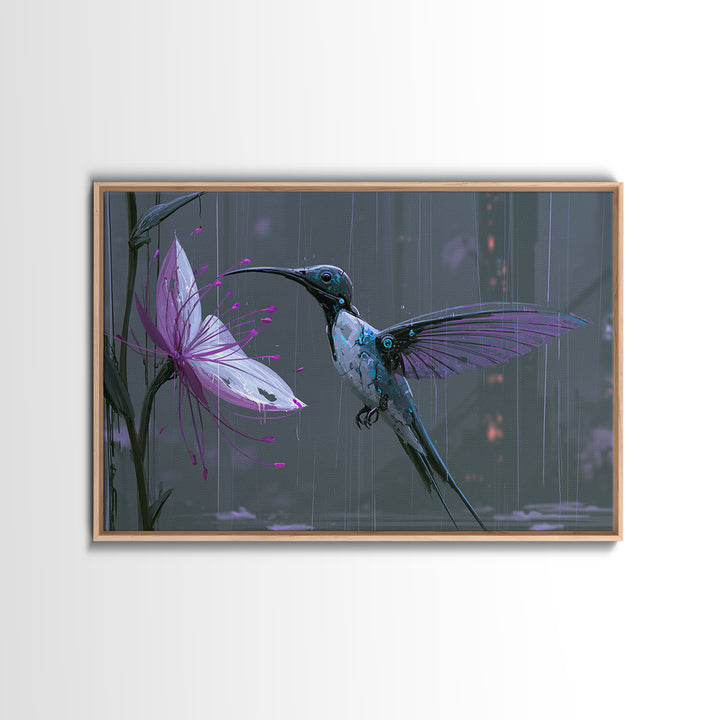 Mechanical Hummingbird Hovering Near Flower Framed Canvas Print, Steampunk Art, Statement Artwork, Living Room Decor, Mechanic, STE-3x2-85