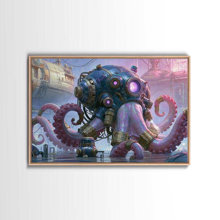 Steampunk Octopus with Brass Tentacles Framed Canvas Print, Steampunk Art, Modern Art, Living Room Decor, Fine Art, Mechanic, STE-3x2-9