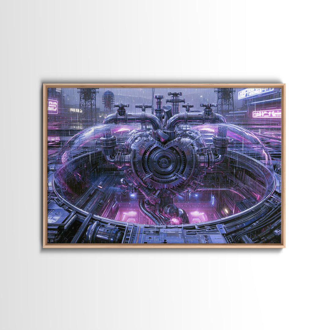 Gear Heart with Pipes and Valves Framed Canvas Print, Steampunk Art, Art Print, Living Room Decor, Fine Art, Mechanic, STE-3x2-96
