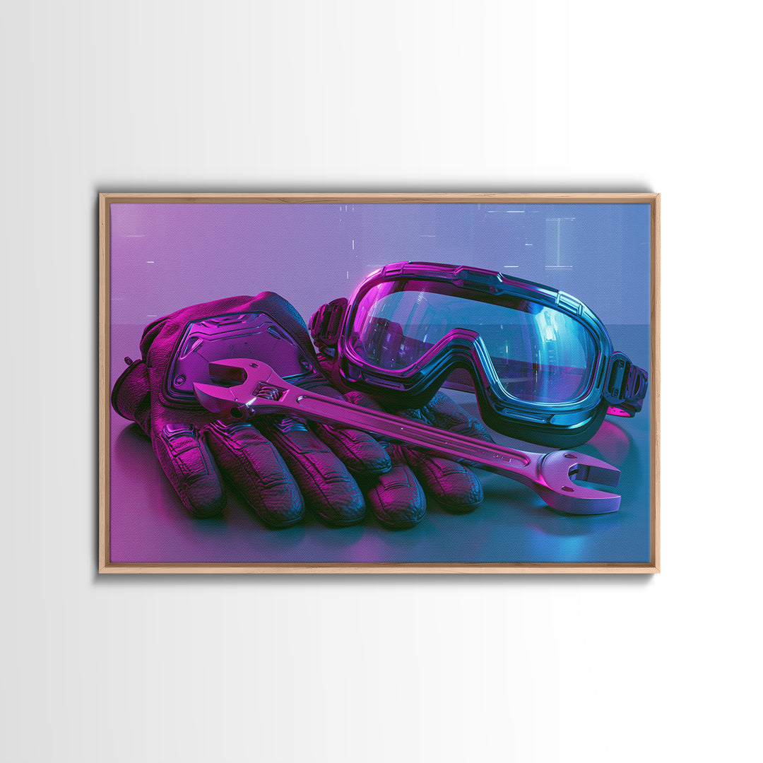 Goggles Gloves and Wrench Still Life Framed Canvas Print, Steampunk Art, Abstract Art, Living Room Decor, Fine Art, Mechanic, STE-3x2-99