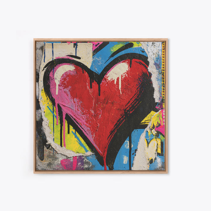 Neon Heart with Rough Drips Framed Canvas Print, Street Art, Abstract Art, Living Room Decor, Fine Art, Urban, Anime Art, STR-1x1-11