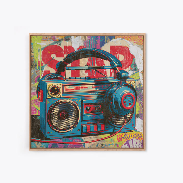 Boombox and Headphones Framed Canvas Print, Street Art, Textured Painting, Living Room Decor, Abstract Art, Urban, STR-1x1-33