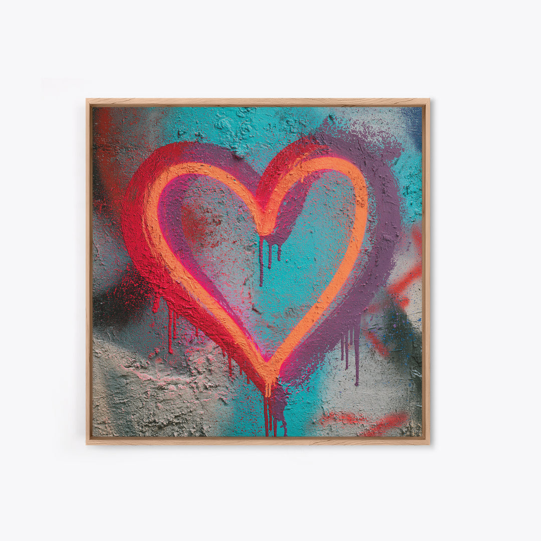 Neon Heart with Rough Drips Canvas Print, Street Art, Modern Art, Living Room Decor, Urban, Neutral Decor, Modern Decor, STR-1x1-35