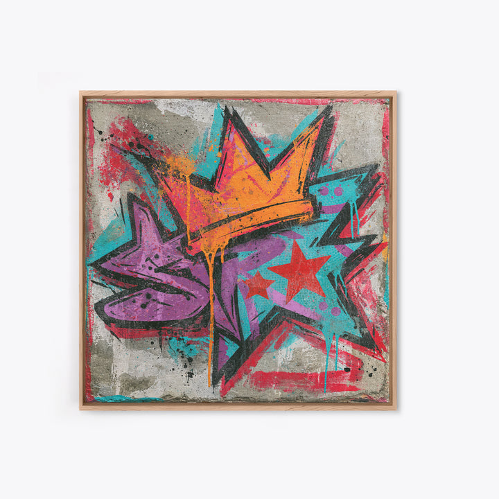 Drippy Crown and Stars Composition Framed Canvas Print, Street Art, Artwork, Living Room Decor, Fine Art, Urban, Pop Art, STR-1x1-44