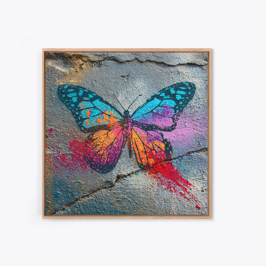Spray Painted Butterfly on Cracked Concrete Framed Canvas Print, Street Art, Modern Wall Art, Living Room Decor, Urban, STR-1x1-47