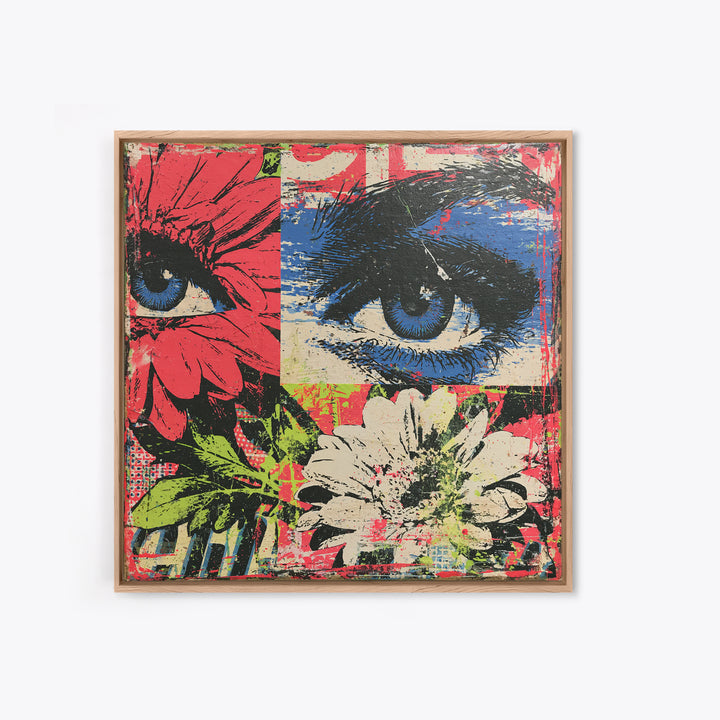 Paste Up Collage of Flowers and Eyes Framed Canvas Print, Street Art, Graffiti Art, Living Room Decor, Fine Art, Urban, STR-1x1-58