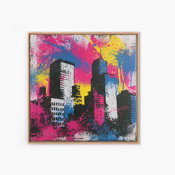 Urban Skyline Made from Stencil Layers Framed Canvas Print, Street Art, Gallery Decor, Living Room Decor, Fine Art, Urban, STR-1x1-62