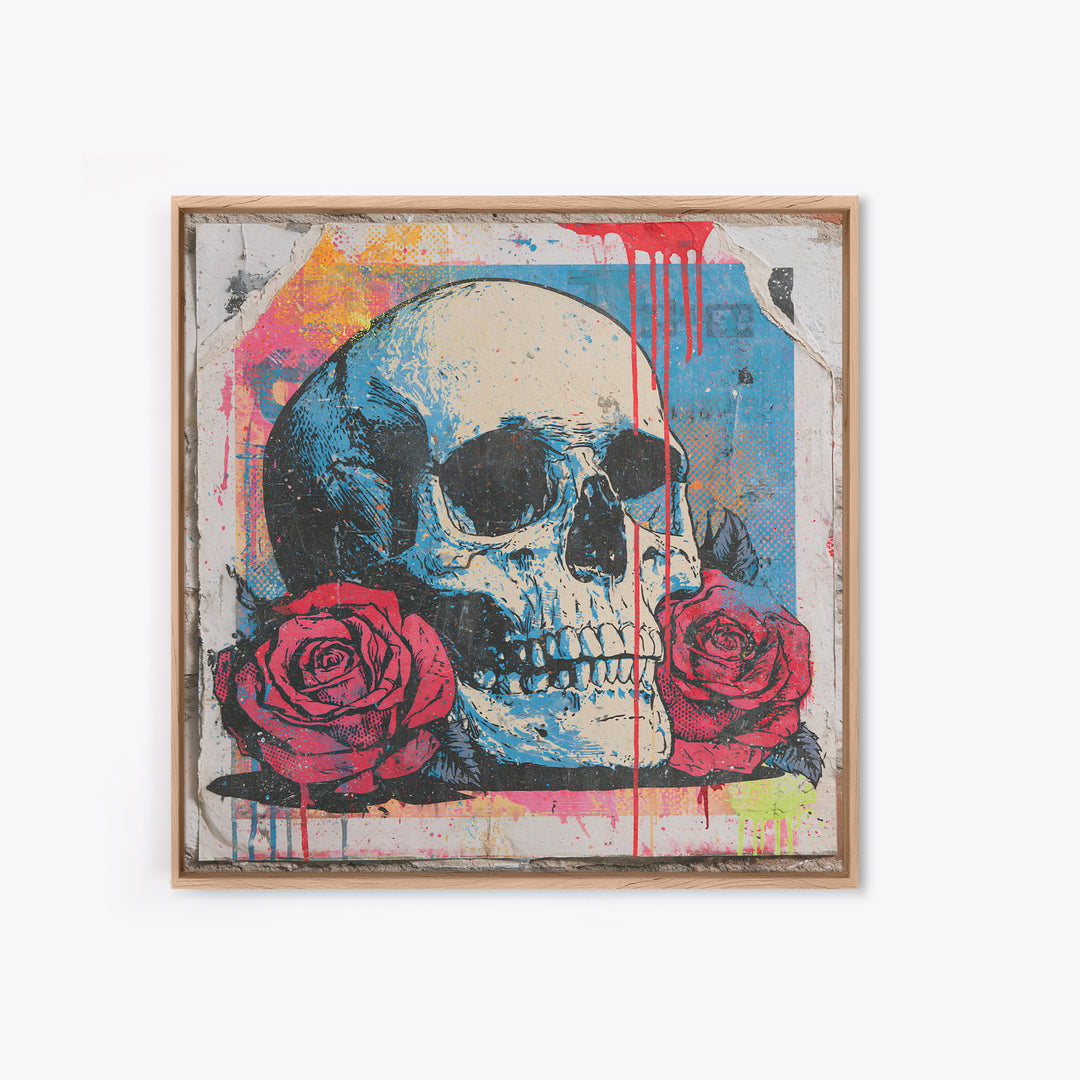 Skull with Roses in Street Mural Style Framed Canvas Print, Street Art, Abstract Painting, Living Room Decor, Fine Art, Urban, STR-1x1-64