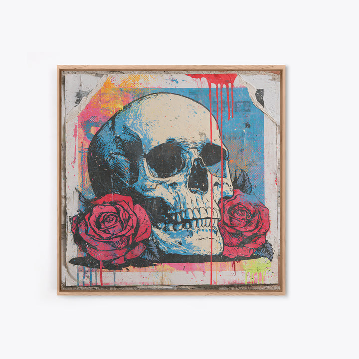 Skull with Roses in Street Mural Style Framed Canvas Print, Street Art, Abstract Painting, Living Room Decor, Fine Art, Urban, STR-1x1-64
