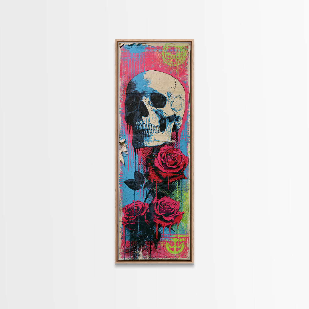 Skull with Roses in Street Mural Style Framed Canvas Print, Street Art, Large Wall Art, Living Room Decor, Fine Art, Urban, STR-1x3-52