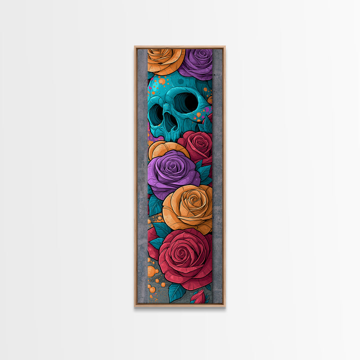Skull with Roses in Street Mural Style Framed Canvas Print, Street Art, Bar Art, Living Room Decor, Oil Painting, Urban, STR-1x3-76