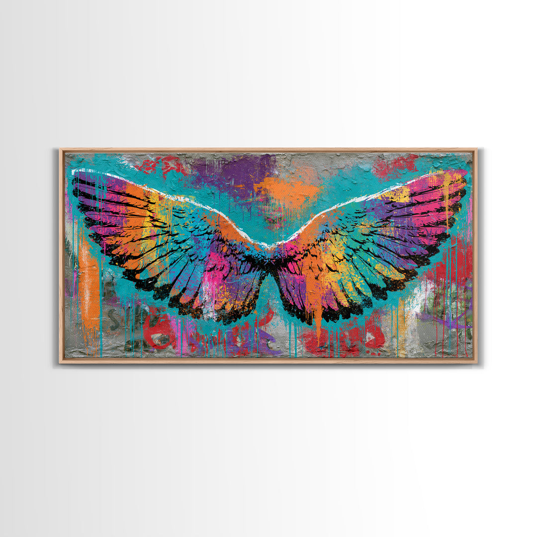 Graffiti Angel Wings Framed Canvas Print, Street Art, Canvas, Living Room Decor, Fine Art, Urban, Colorful Wall Art, Bar Art, STR-2x1-1