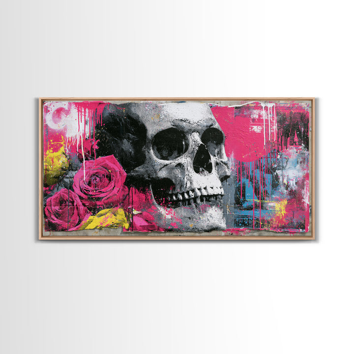 Skull with Roses in Street Mural Style Framed Canvas Print, Street Art, Art Print, Living Room Decor, Fine Art, Urban, STR-2x1-12