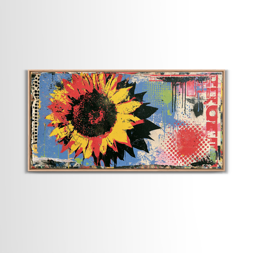 Street Mural Sunflower Framed Canvas Print, Street Art, Statement Artwork, Living Room Decor, Fine Art, Urban, Wall Decor, STR-2x1-20