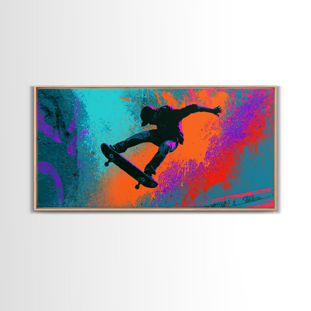 Skateboarder Silhouette over Neon Splashes Framed Canvas Print, Street Art, Living Room Decor, Watercolor Art, Urban, STR-2x1-23