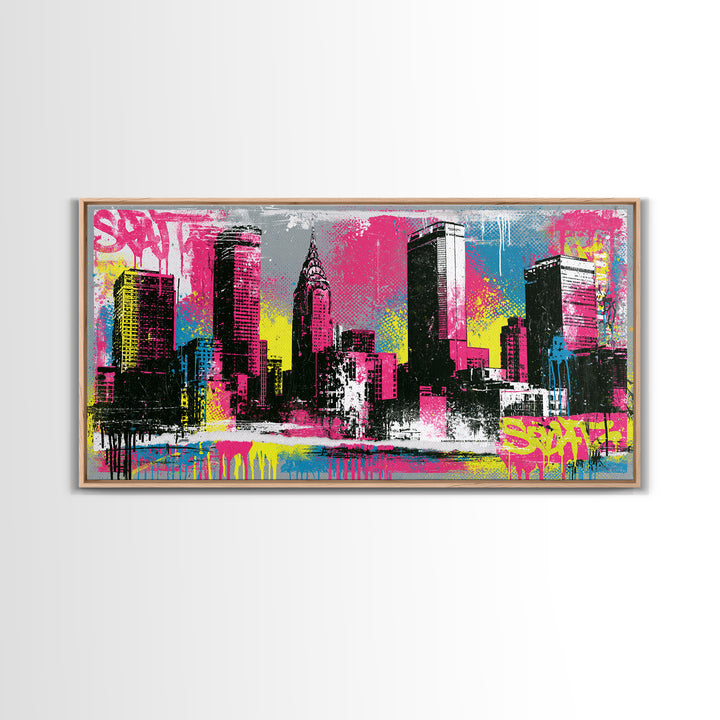 Urban Skyline Made from Stencil Layers Framed Canvas Print, Street Art, Minimalist Decor, Living Room Decor, Abstract Art, STR-2x1-34