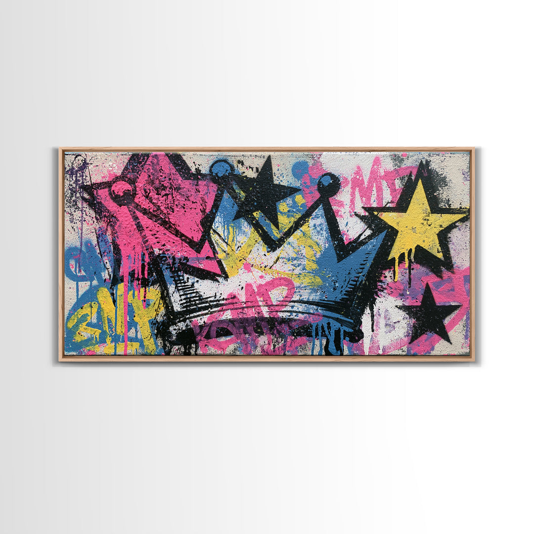 Drippy Crown and Stars Composition Framed Canvas Print, Street Art, Poster, Living Room Decor, Fine Art, Urban, Poster Prints, STR-2x1-40