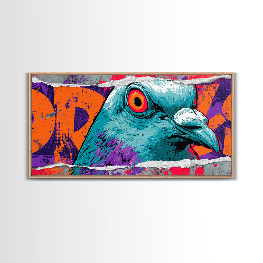 City Pigeon with Attitude and Comic Charm Framed Canvas Print, Street Art, Watercolor Painting, Living Room Decor, STR-2x1-51
