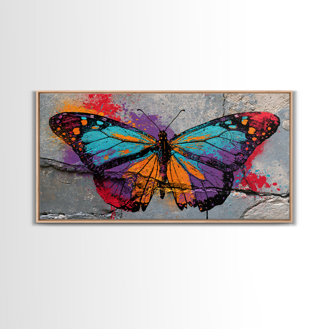 Spray Painted Butterfly on Cracked Concrete Framed Canvas Print, Street Art, Artwork, Living Room Decor, Fine Art, Urban, STR-2x1-91