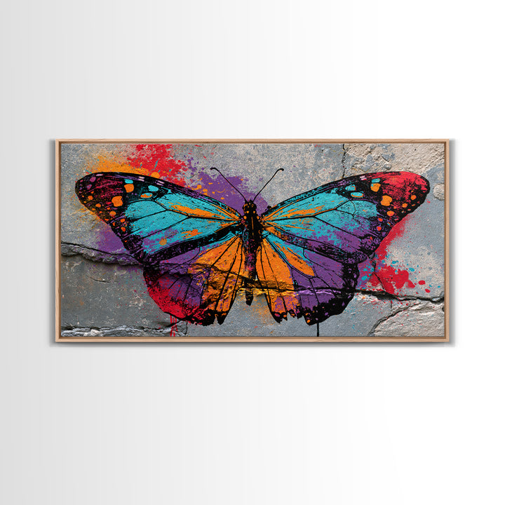 Spray Painted Butterfly on Cracked Concrete Framed Canvas Print, Street Art, Artwork, Living Room Decor, Fine Art, Urban, STR-2x1-91