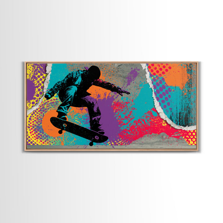 Skateboarder Silhouette over Neon Splashes Framed Canvas Print, Street Art, Neutral Decor, Living Room Decor, Fine Art, Urban, STR-2x1-95