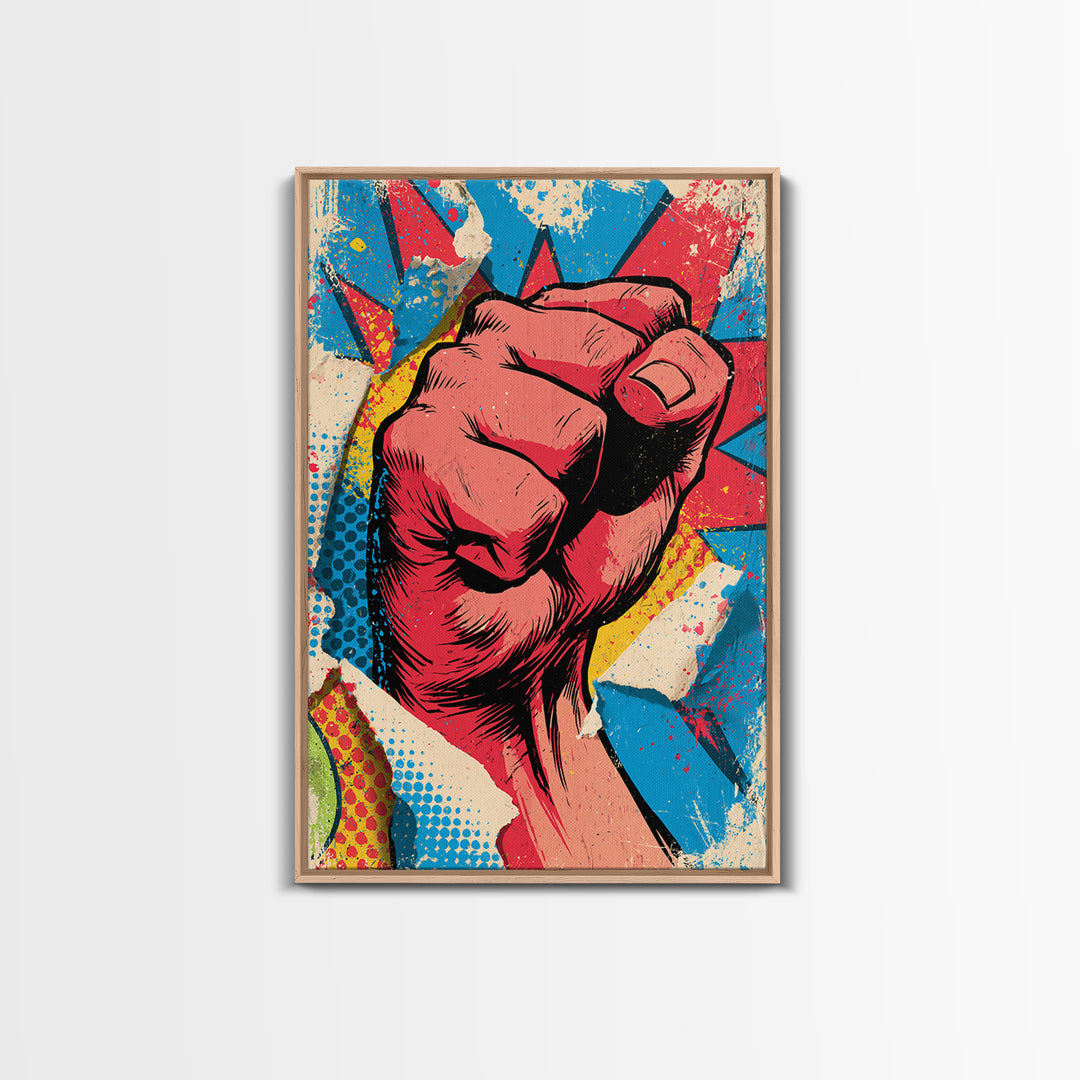 Comic Fist Breaking Through Color Framed Canvas Print, Street Art, Wall Hangings, Living Room Decor, Oil Painting, Urban, STR-2x3-21