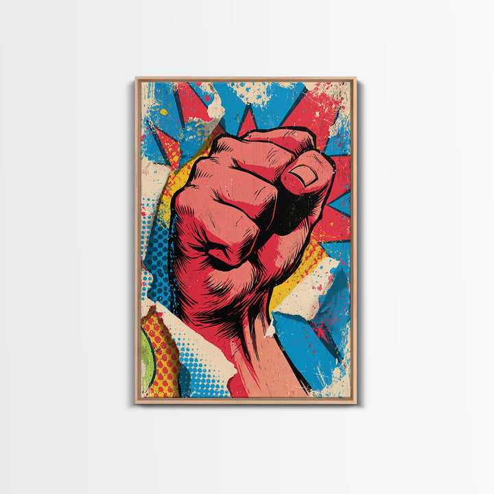 Comic Fist Breaking Through Color Framed Canvas Print, Street Art, Wall Hangings, Living Room Decor, Oil Painting, Urban, STR-2x3-21