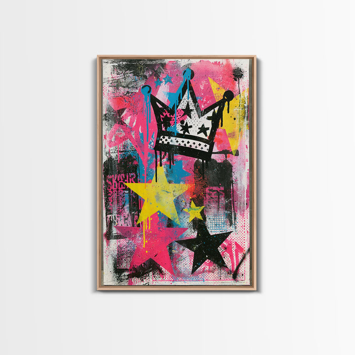 Drippy Crown and Stars Composition Framed Canvas Print, Street Art, Canvas Painting, Living Room Decor, Fine Art, Urban, STR-2x3-28