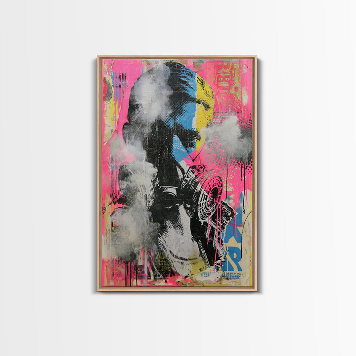Masked Figure Surrounded by Aerosol Clouds Framed Canvas Print, Street Art, Luxury Decor, Living Room Decor, Fine Art, Urban, STR-2x3-44