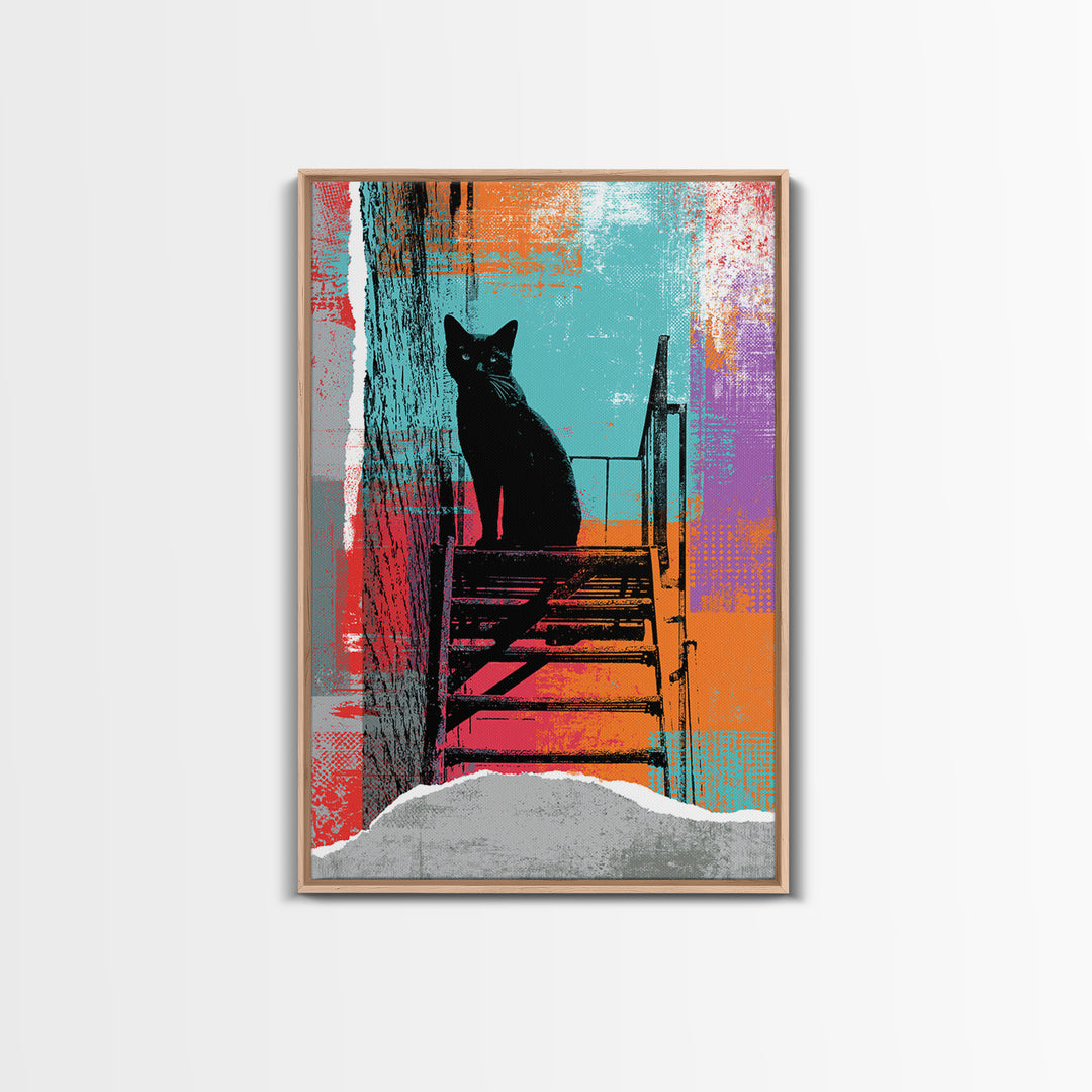 Black Cat on Fire Escape Silhouette Framed Canvas Print, Street Art, Wall Hangings, Living Room Decor, Oil Painting, Urban, STR-2x3-51