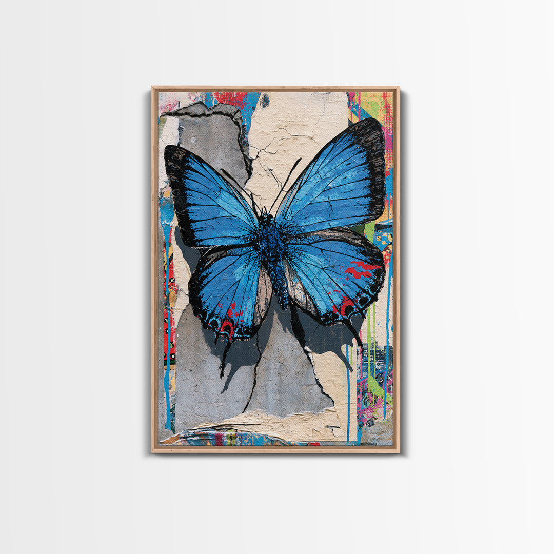 Spray Painted Butterfly on Cracked Concrete Framed Canvas Print, Street Art, Canvas, Living Room Decor, Fine Art, Urban, STR-2x3-55