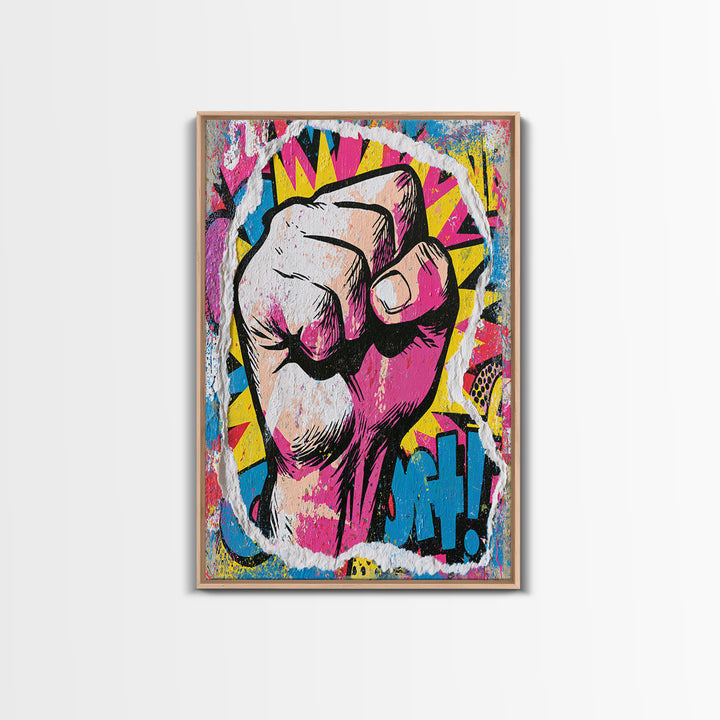 Comic Fist Breaking Through Color Framed Canvas Print, Street Art, Abstract Painting, Living Room Decor, Fine Art, Urban, STR-2x3-69