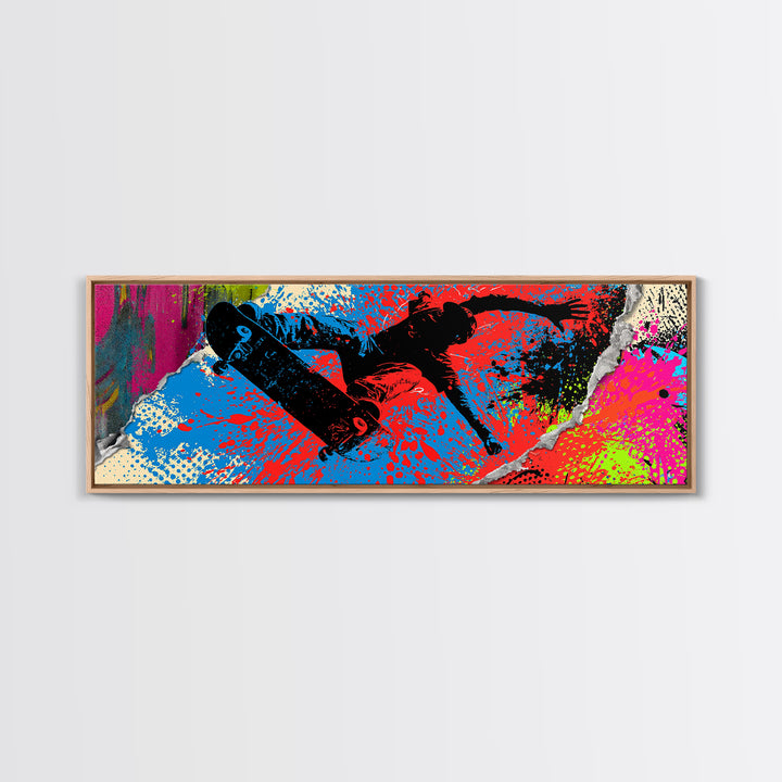 Skateboarder Silhouette over Neon Splashes Canvas Print, Street Art, Custom Portrait, Living Room Decor, Fine Art, Urban, STR-3x1-43