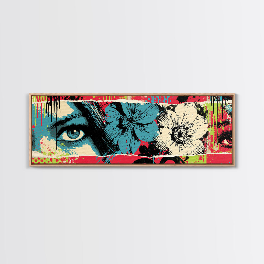Paste Up Collage of Flowers and Eyes Framed Canvas Print, Street Art, Bar Art, Living Room Decor, Urban, Fine Art Print, STR-3x1-74