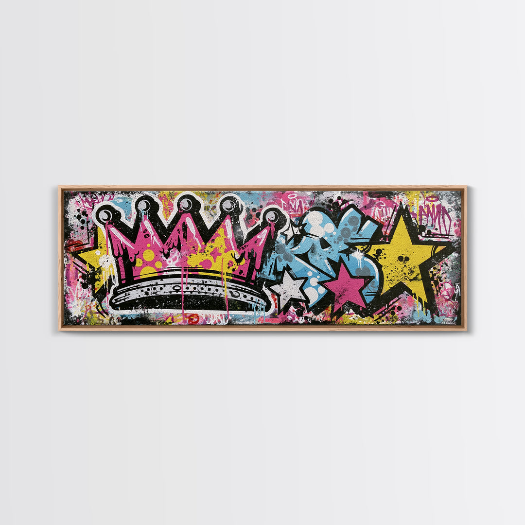 Drippy Crown and Stars Composition Framed Canvas Print, Street Art, Painting, Living Room Decor, Urban, Abstract Painting, STR-3x1-84