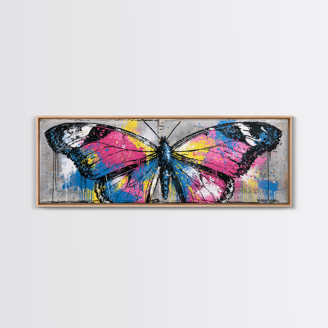 Spray Painted Butterfly on Cracked Concrete Framed Canvas Print, Street Art, Artwork, Living Room Decor, Fine Art, Urban, STR-3x1-87