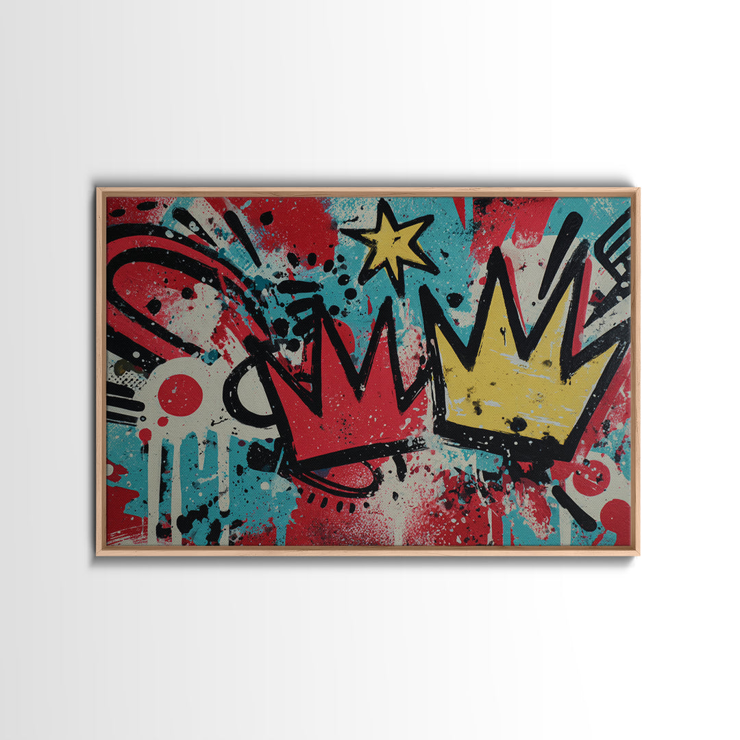 Drippy Crown and Stars Composition Framed Canvas Print, Street Art, Abstract, Living Room Decor, Fine Art, Urban, Luxury Decor, STR-3x2-24