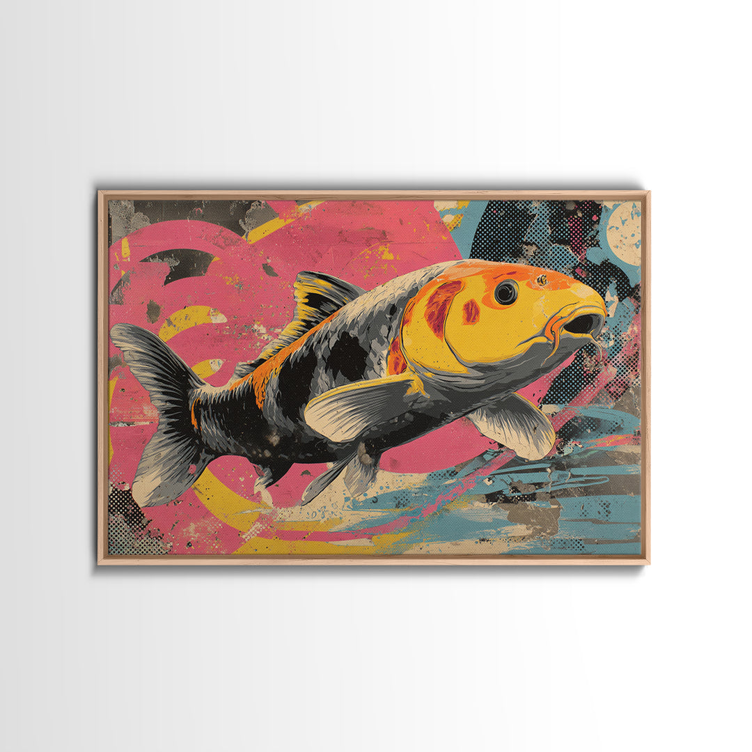 Graffiti Koi Swimming Through Color Swirls Framed Canvas Print, Street Art, Anime Art, Living Room Decor, Abstract Art, Urban, STR-3x2-25