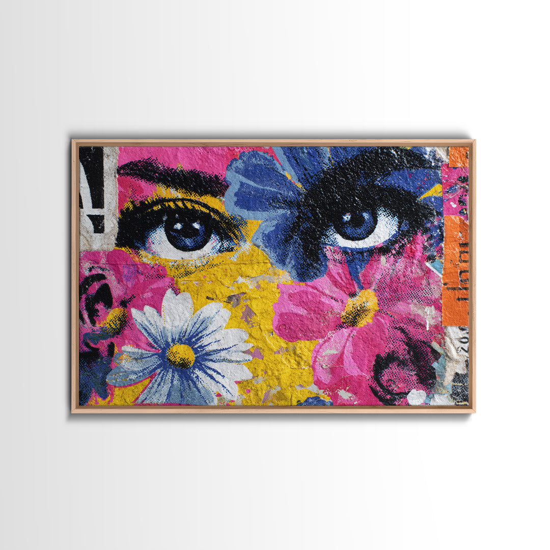 Paste Up Collage of Flowers and Eyes Canvas Print, Street Art, Abstract Painting, Living Room Decor, Watercolor Art, Urban, STR-3x2-38