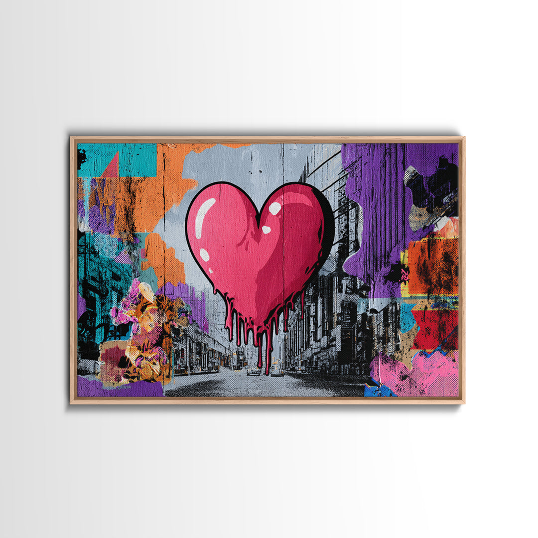 Neon Heart with Rough Drips Framed Canvas Print, Street Art, Minimalist Decor, Living Room Decor, Fine Art, Urban, Original Art, STR-3x2-39