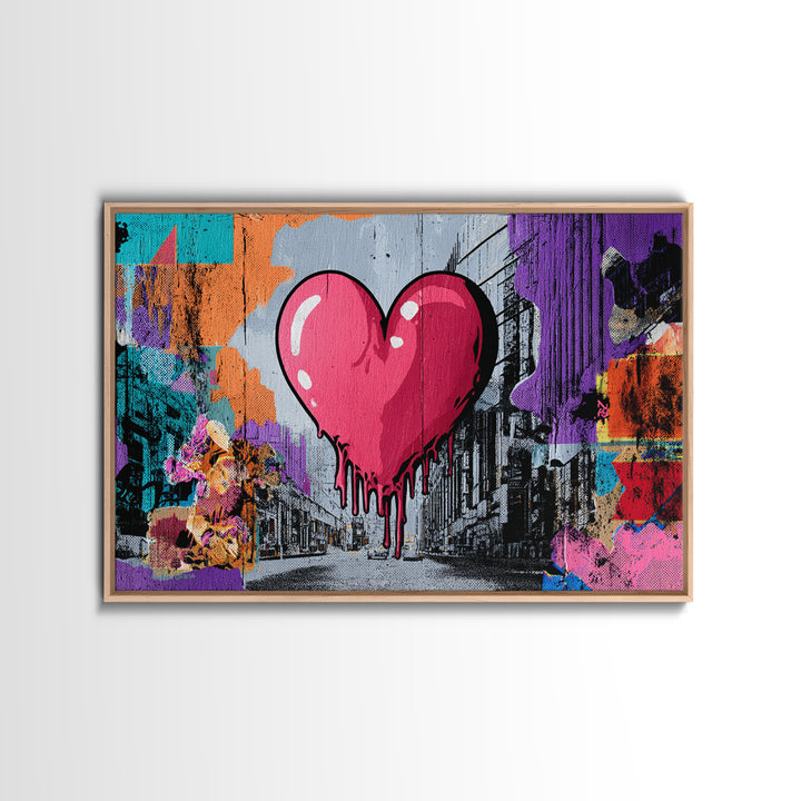 Neon Heart with Rough Drips Framed Canvas Print, Street Art, Minimalist Decor, Living Room Decor, Fine Art, Urban, Original Art, STR-3x2-39