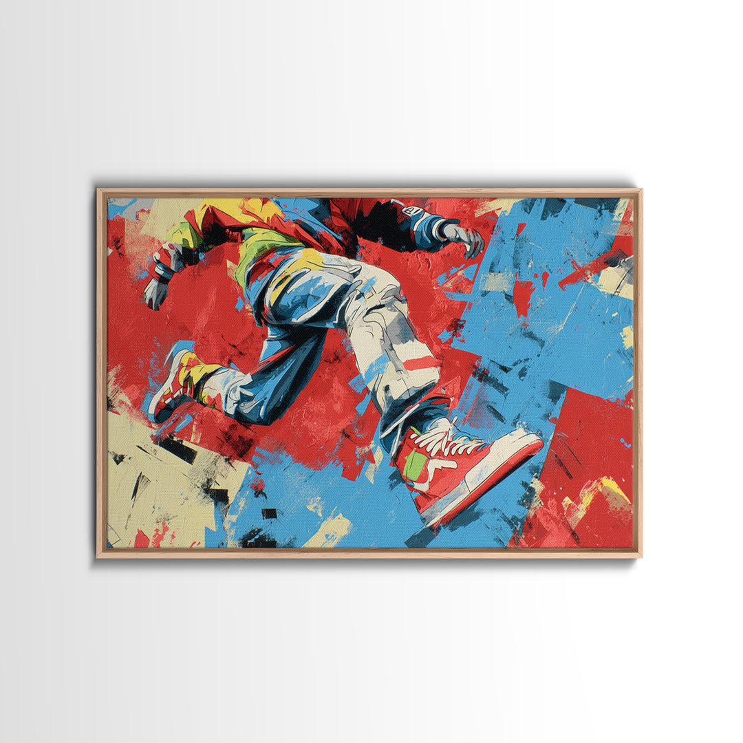 Breakdancer Frozen in Energetic Motion Framed Canvas Print, Street Art, Colorful Wall Art, Living Room Decor, Fine Art, Urban, STR-3x2-46