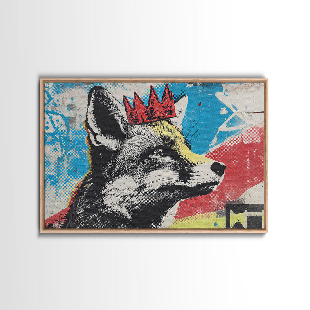 Urban Fox Wearing a Crown of Spray Framed Canvas Print, Street Art, Modern Wall Art, Living Room Decor, Fine Art, Urban, STR-3x2-6