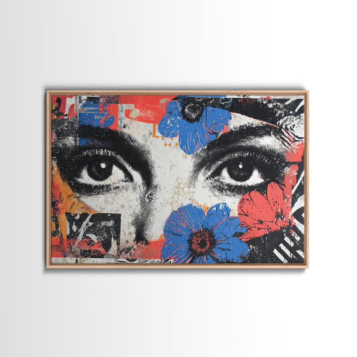 Paste Up Collage of Flowers and Eyes Canvas Print, Street Art, Abstract Painting, Living Room Decor, Watercolor Art, Urban, STR-3x2-62