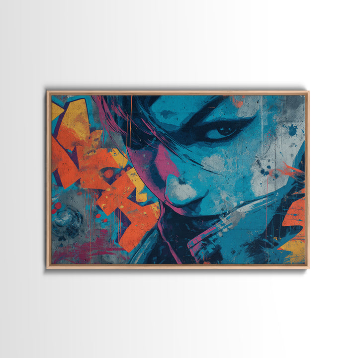 Masked Figure Surrounded by Aerosol Clouds Framed Canvas Print, Street Art, Textured Painting, Living Room Decor, Urban, STR-3x2-64