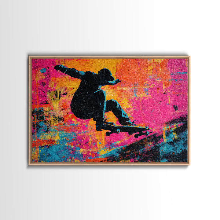 Skateboarder Silhouette over Neon Splashes Framed Canvas Print, Street Art, Original Art, Living Room Decor, Abstract Art, STR-3x2-7