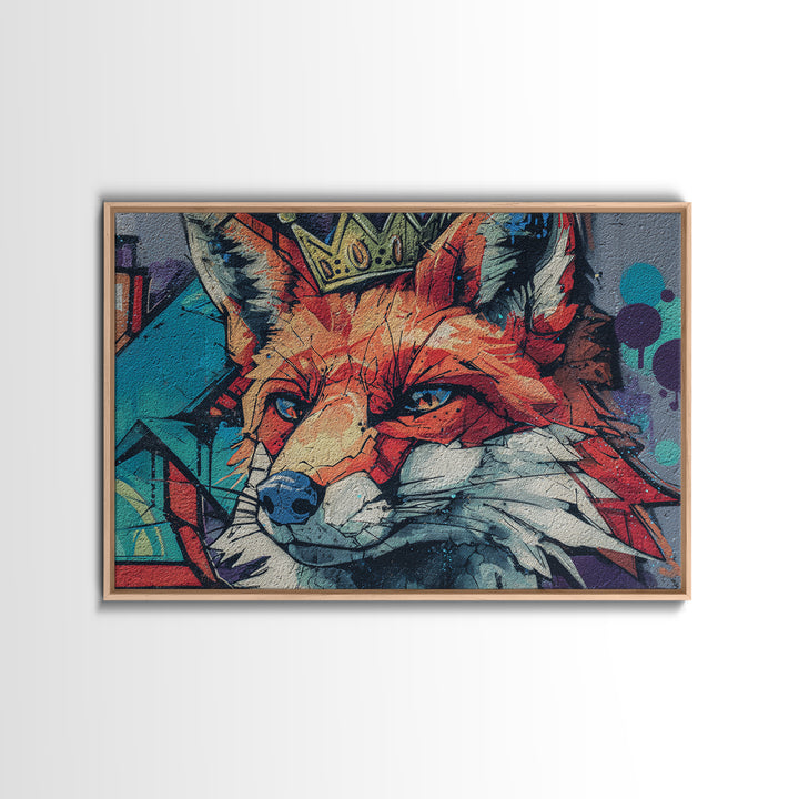 Urban Fox Wearing a Crown of Spray Framed Canvas Print, Street Art, Contemporary Art, Living Room Decor, Fine Art, Urban, STR-3x2-78