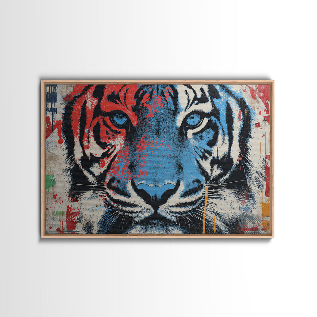 Spray Painted Tiger Face Canvas Print, Street Art, Poster, Living Room Decor, Urban, Poster Prints, Watercolor Painting, STR-3x2-84