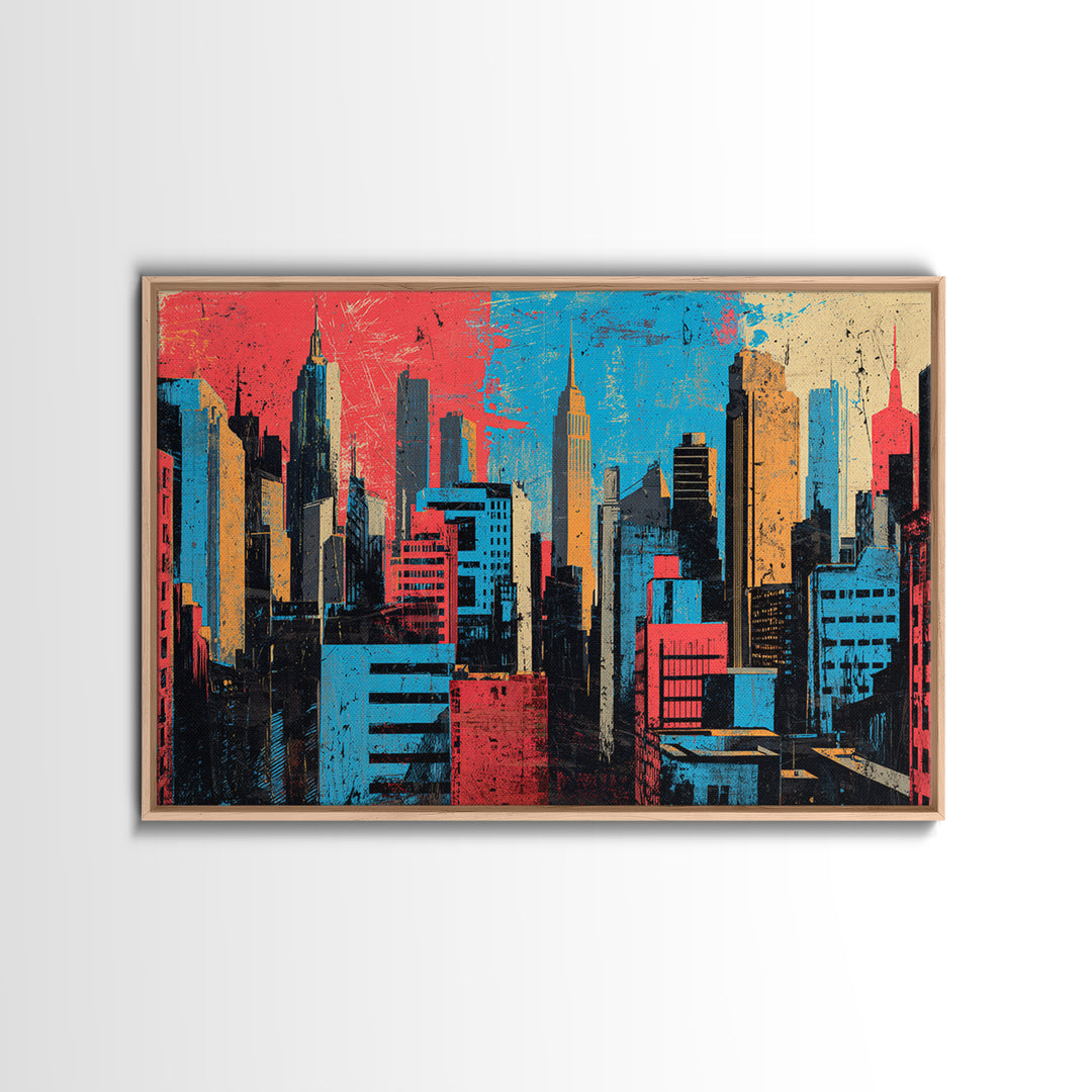 Urban Skyline Made from Stencil Layers Framed Canvas Print, Street Art, Abstract, Living Room Decor, Abstract Art, Urban, STR-3x2-90